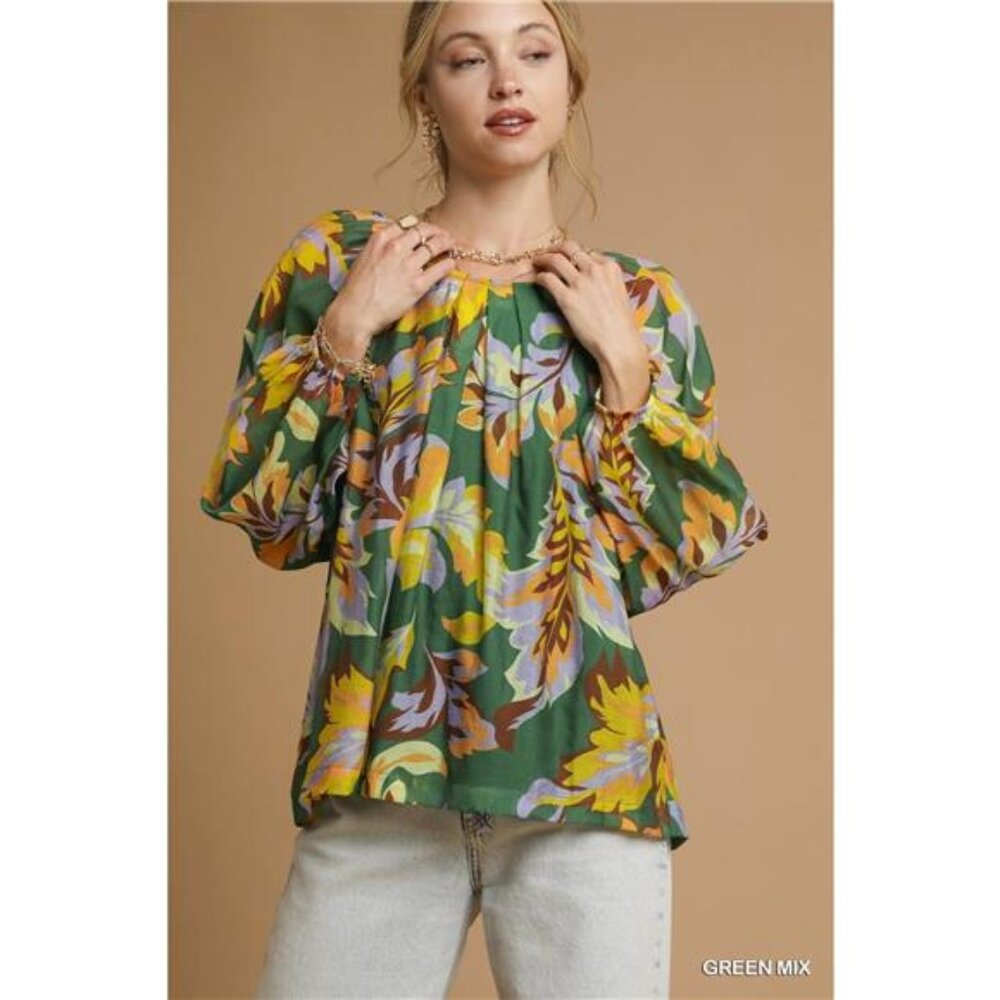 Umgee Mix Abstract Print‎ Balloon Sleeve Blouse